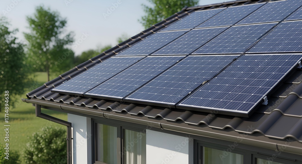 Fototapeta premium Close-up View of Modern Rooftop Solar Panels on Tiled Roof