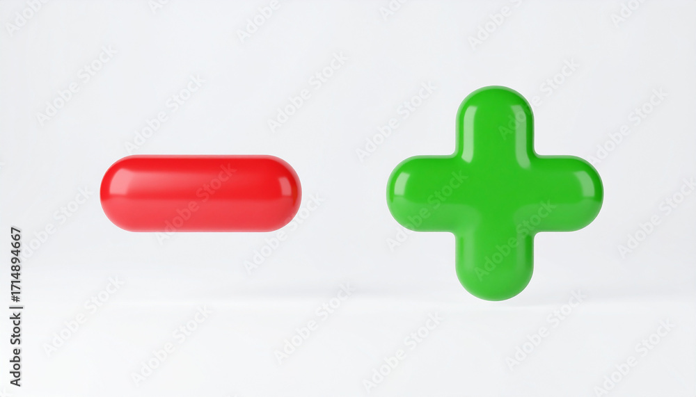 Obraz premium Minimalistic 3D icons, glossy green plus and red minus isolated on white background, clean aesthetic