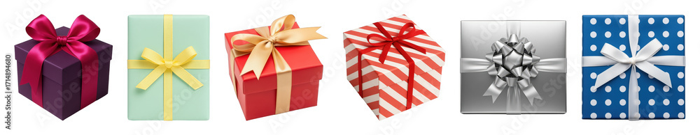 Fototapeta premium Gift box set including vibrant colors, striped, polka dot, and ribbon bows isolated. Holiday celebration and event collection.