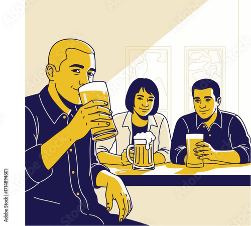 Three People Socializing and Enjoying Beer at a Bar