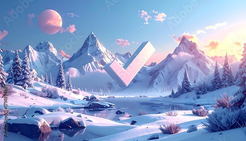 A serene winter landscape with towering snow-capped mountains, a tranquil lake, and a symbolic checkmark, bathed in soft pastel colors.