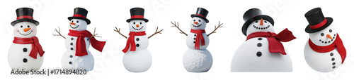 Snowman set including various posed figures with top hats and red scarves isolated. Winter holiday and Christmas decoration elements.