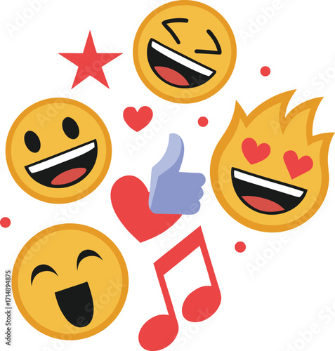 Funny emoji collection with laughing faces, heart eyes, fire flame, music note, heart, star, and thumbs up icon, colorful emoticon design for chat, sticker, and social media.