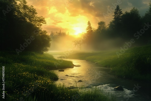 Sunrise Over a Misty River in a Tranquil Forest Setting