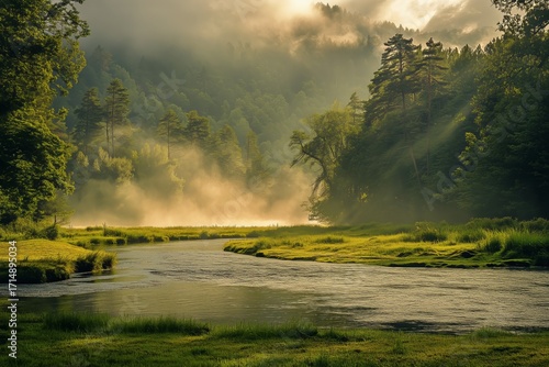 Sunrise Over a Misty River in a Tranquil Forest Setting.