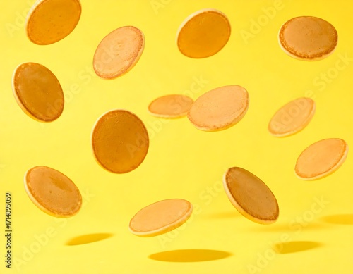Floating pancakes on a bright yellow background