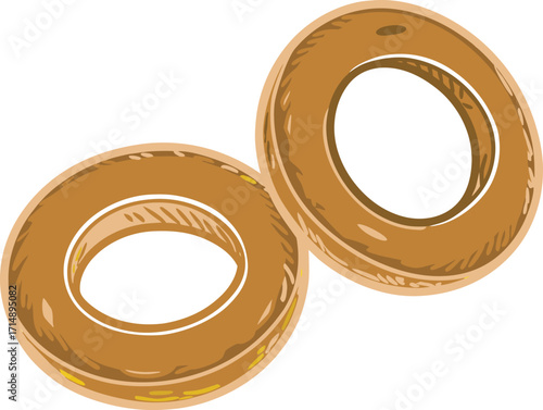 Two round bagel shaped cookies with crunchy baked texture. Tasty golden brown pastry snack illustration perfect for food design, dessert artwork, and traditional bakery concept.