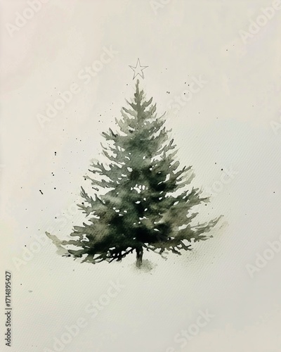 Winter Scene Featuring a Watercolor Christmas Tree With a Star at the Top and...
