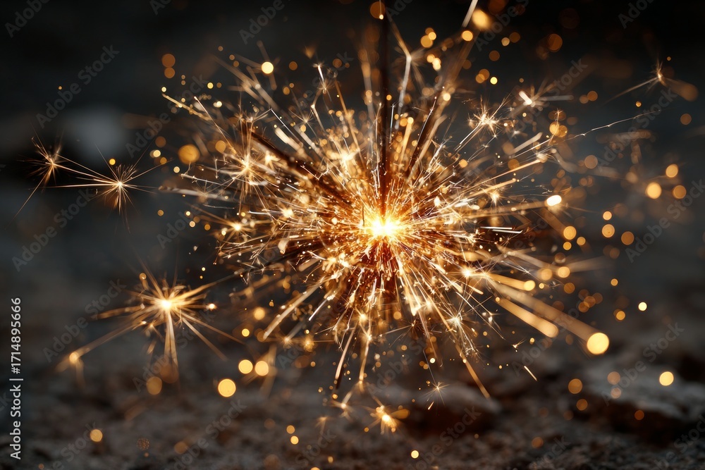 Obraz premium Sparkler burning, creating bright golden light and festive bokeh against a dark background