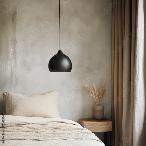 Stylish Bedroom With Minimalist Design Featuring a Black Pendant Light and Ne...