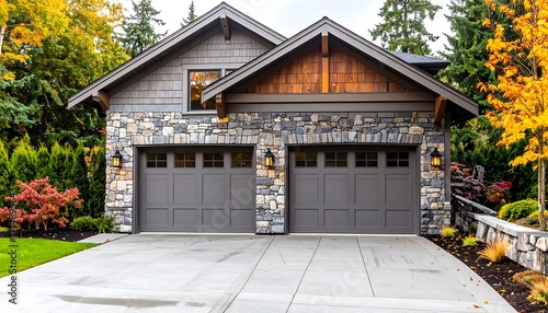 Modern two-car garage nestled in autumnal landscape