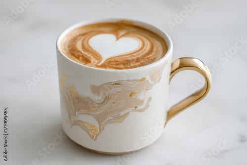 stylish coffee cup featuring holographic heart design positioned elegantly on clean white marble background