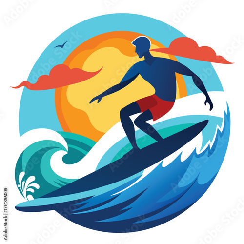 Dynamic silhouette of a surfer gracefully riding a powerful ocean wave captured in a clean vector design