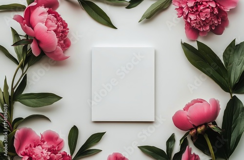 Blank Canvas Surrounded by Pink Peonies and Green Leaves on a Light Surface i...