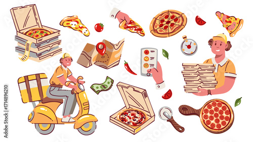 Pizza online order, delivery and serving cartoon set. Funny pizza in open box and stack, choice in mobile app for delivering. Delivery service mascots, cartoon pizzeria collection vector illustration