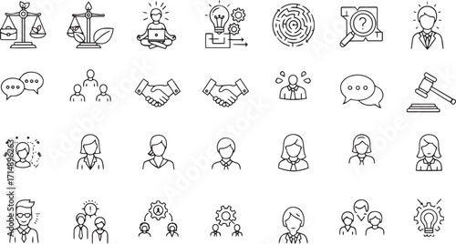 Law and business icons set including justice scale, handshake, communication, teamwork, idea, leadership, and decision-making symbols