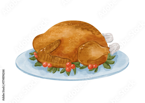 Watercolor illustration of a roasted Thanksgiving turkey on a plate with herbs and berries. Traditional holiday food design for invitations, menus, posters and festive projects.
