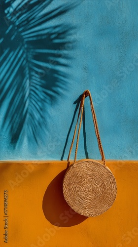 Stylish Straw Bag Hanging on a Vibrant Blue and Orange Wall With Palm Shadow ...