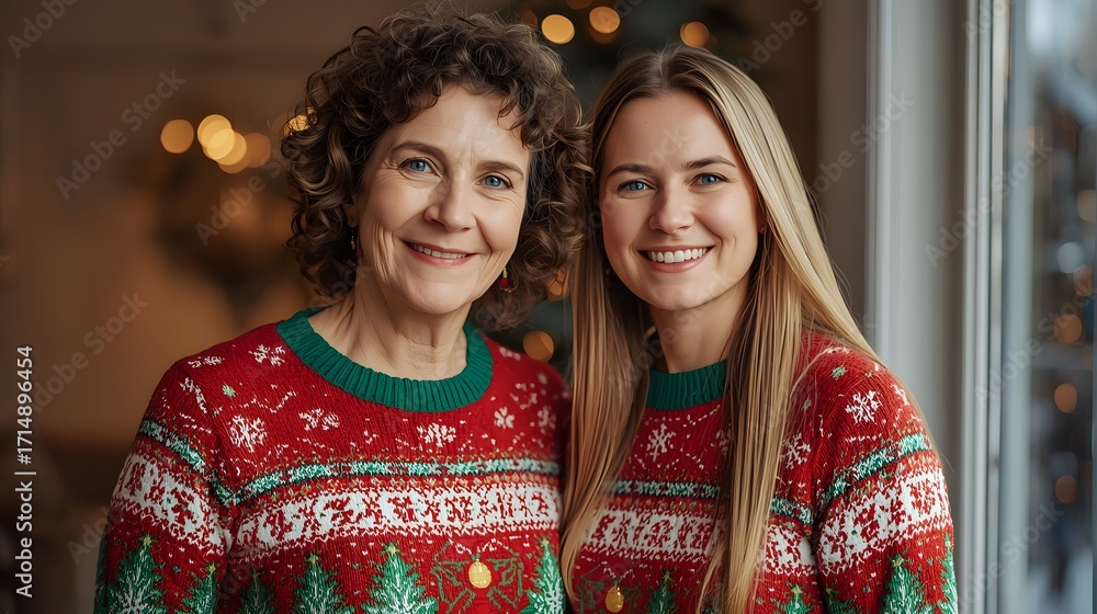 Fototapeta premium Holiday Portrait of Two People – Festive Sweaters and Warm Smiles