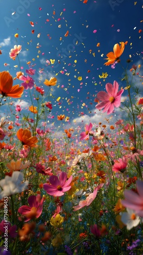 Colorful Wildflower Field Under a Clear Blue Sky With Scattered Petals