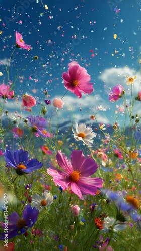 Colorful Wildflower Field Under a Clear Blue Sky With Scattered Petals.