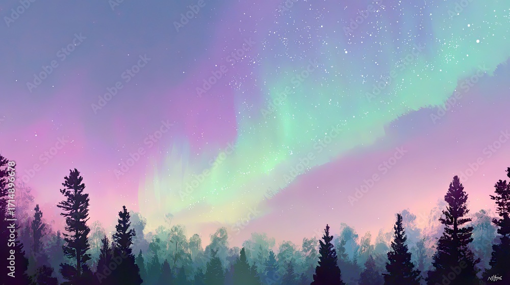 Fototapeta premium Pastel Aurora Borealis over Silhouetted Forest