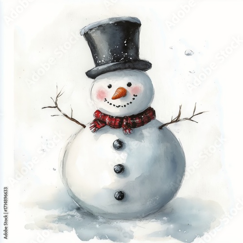 Winter Snowman With Top Hat Smiling in Falling Snow.