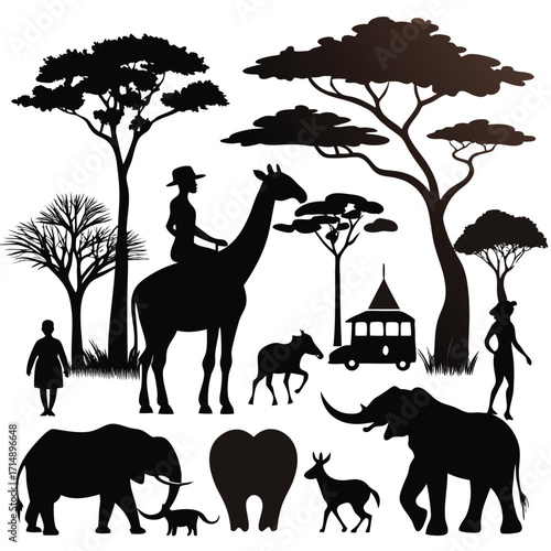African safari silhouette collection featuring elephant and giraffe in natural landscape