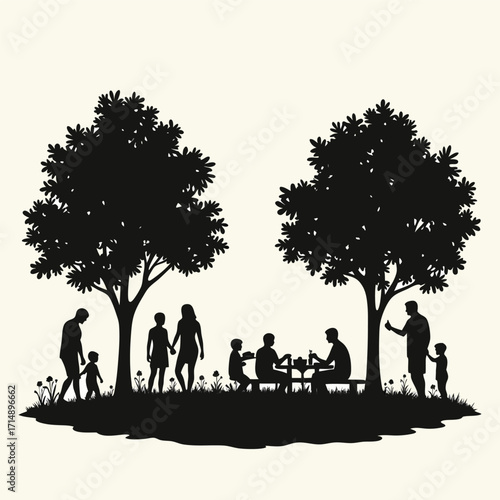 Black silhouette of families enjoying a picnic under trees