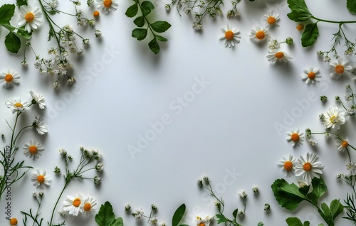 Floral Arrangement of Daisies and Green Leaves on a Plain Background for Crea...