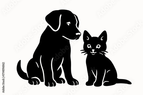 High Contrast Black and White Vector Illustration of Dog and Kitten on White Background, Flat Minimal Style