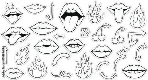 Lips and tongue doodle icon set with flames, cherries, arrows, and mouth expressions for tattoo, sticker, pop art, and graphic design elements