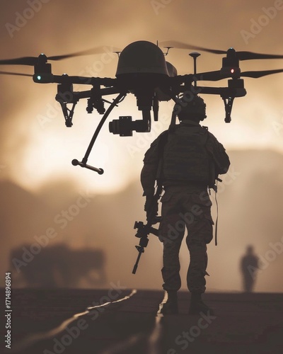Silhouette of a soldier commanding drones for tactical operations and reconnaissance missions