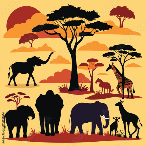 African safari silhouette collection featuring elephant and giraffe in vibrant colors