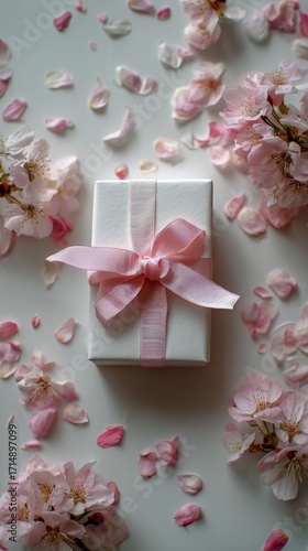 Gift Box Decorated With Pink Ribbon Surrounded by Flower Petals on a Light Su...