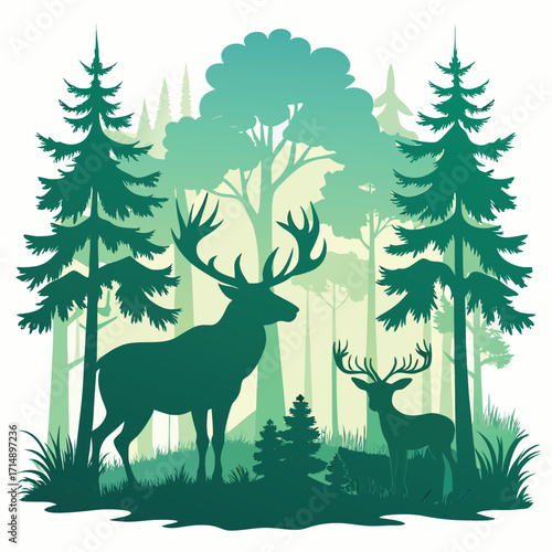 Collection of forest animals including deer and moose in a natural woodland silhouette design