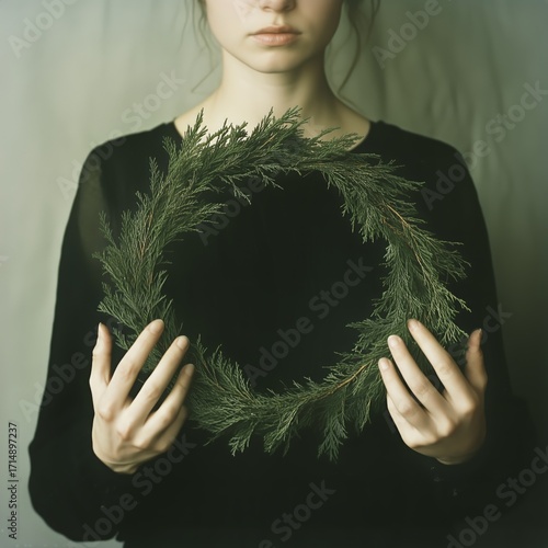 Girl Holding a Green Wreath in a Soft Light Atmosphere During a Quiet Moment