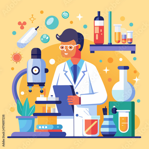 Scientist Working in Laboratory with Microscope and Chemical Experiments