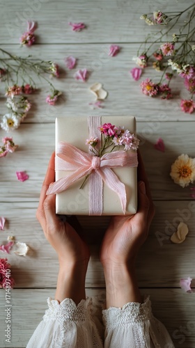 Gift Box Decorated With Flowers Held Above Wooden Table With Scattered Petals...