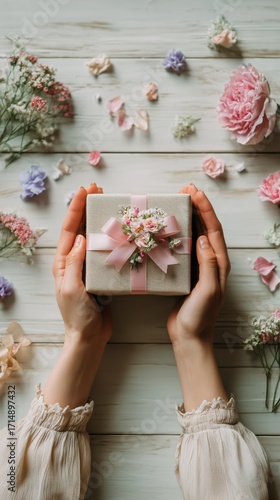 Gift Box Decorated With Flowers Held Above Wooden Table With Scattered Petals...