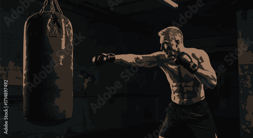 Powerful male boxer with a muscular physique training intensely with a heavy punching bag in a dark gym