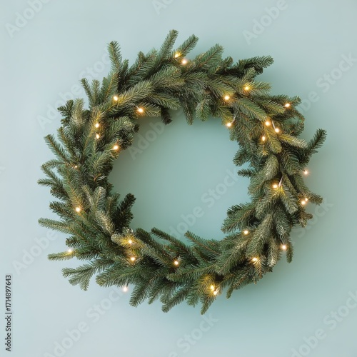 Beautiful Holiday Wreath With Lights and Greenery on a Soft Blue Background.