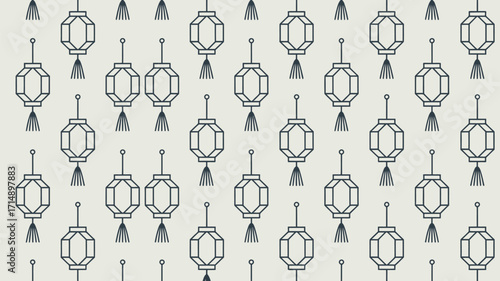 A pattern of outlined chinese lanterns with tassels hanging down on a light background in a repeat design