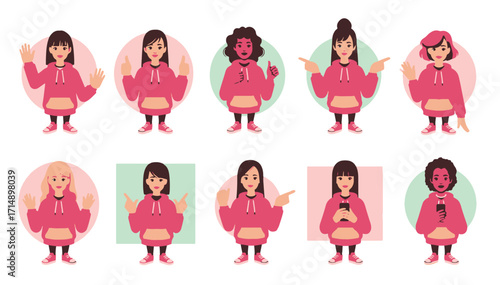 Female character avatars vector illustration set diverse girls hoodie casual outfit poses gestures cartoon style design collection pack
