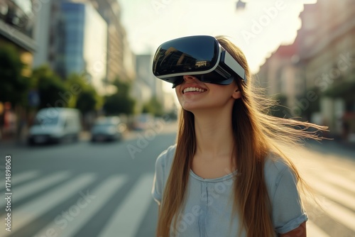 Enjoying Virtual Reality in the City Street on a Sunny Afternoon