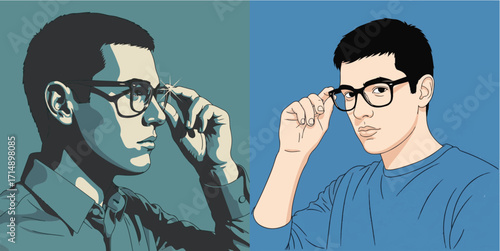 Graphic Illustration of a Young Man Adjusting His Glasses in Different Styles