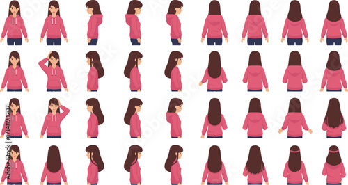 Female character sprite sheet front side back poses vector illustration avatar animation set girl hoodie casual outfit design assets
