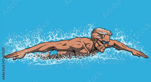 A muscular swimmer with determined expression glides through clear blue water, kicking up a spray of droplets
