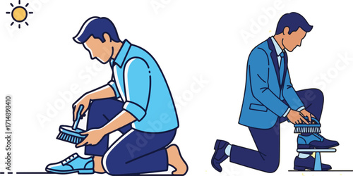 Men cleaning and polishing footwear, showing a comprehensive shoe care routine