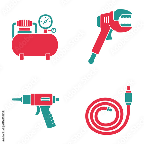 Air compressor, wrench, spray gun, and hose icons.